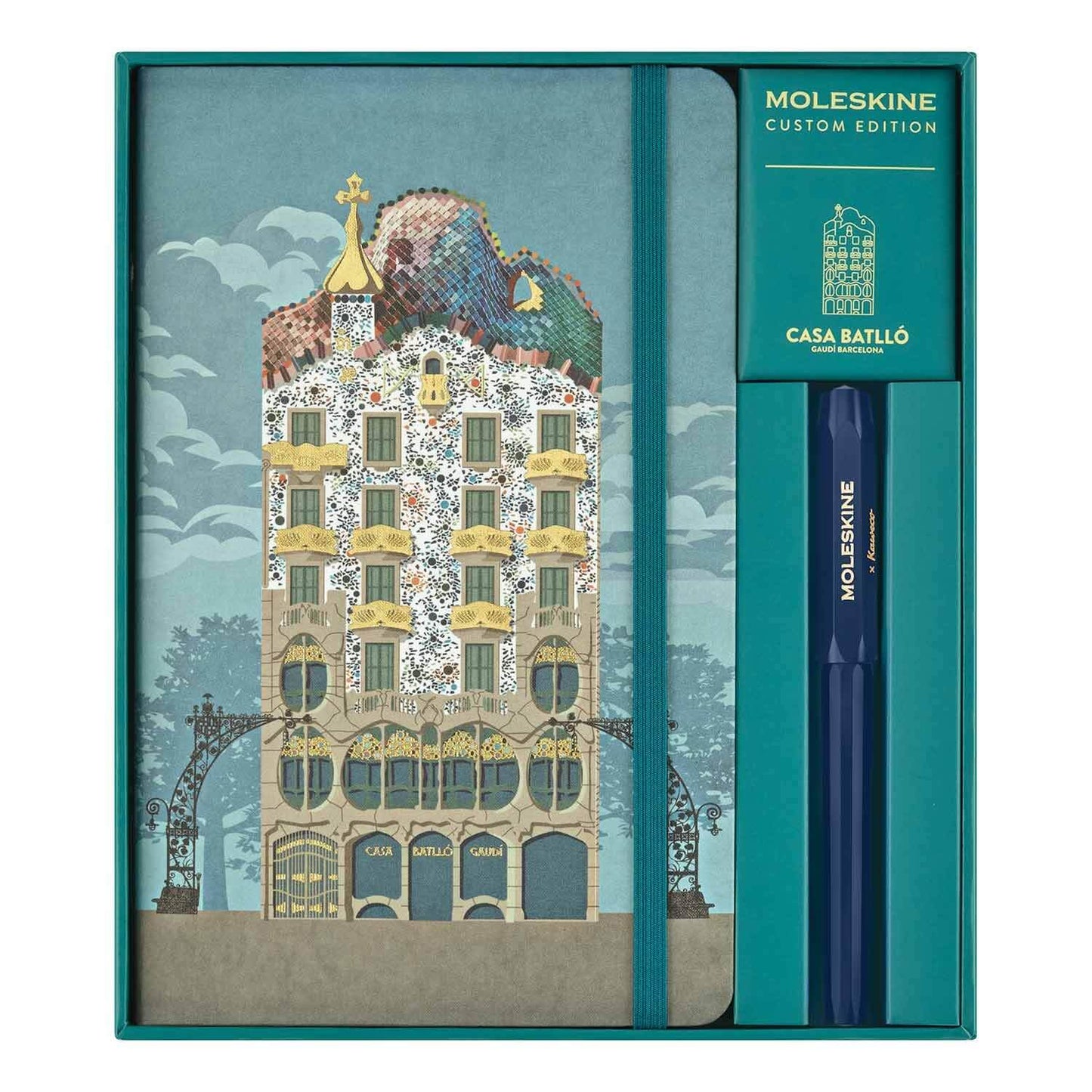 Set Casa Batlló con Libreta Grande Hoja Rayada Pasta Dura y Pluma Kaweco Azul